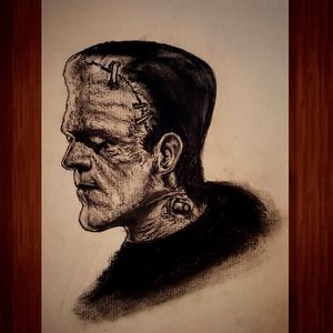 Frankenstein Charcoal Portrait Illustration (Hand Drawn) (Framed)